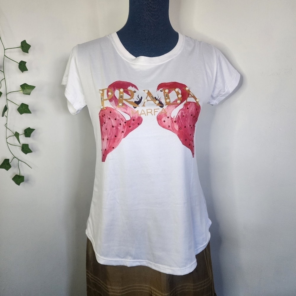 Soft White Shirt Sleeve Top with Pink Flamingo Pearls Accents